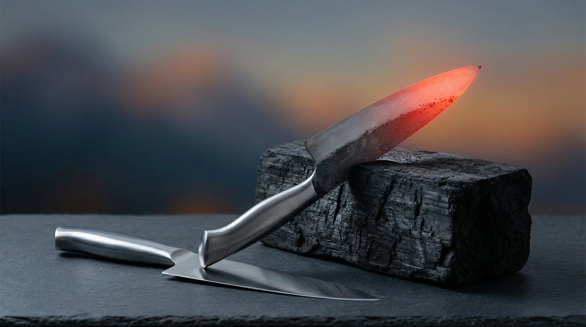A kitchen knife with a glowing red-hot tip resting on charred wood, representing the heat treatment and forging process.